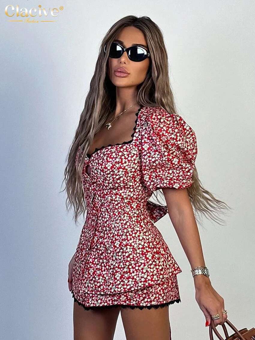 Clacive Sexy Slim Print 2 Piece Sets Women Outfit Summer Short Sleeve Shirt With High Waist Shorts Set Female Streetwear