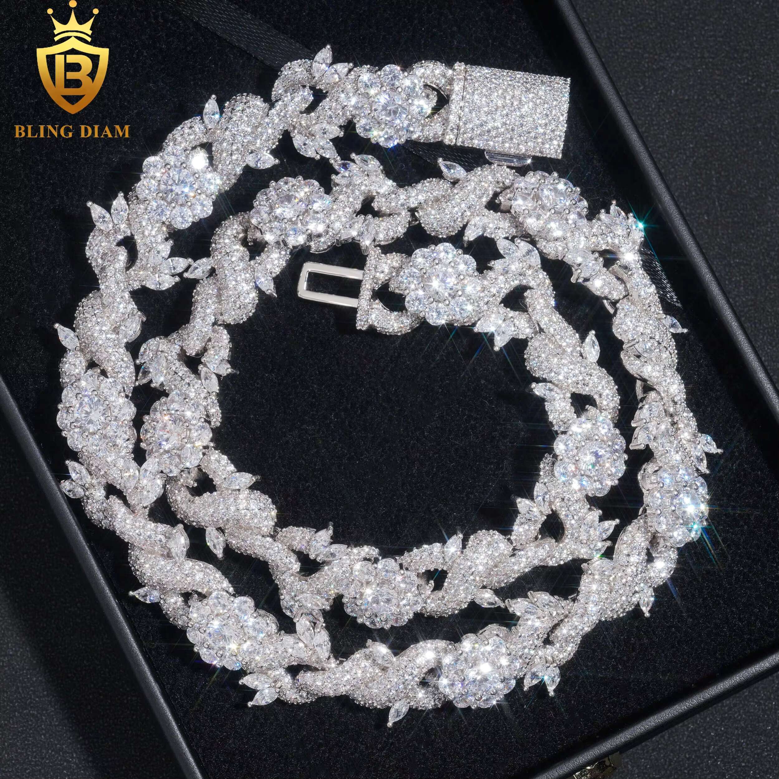 15mm Hip Hop Jewelry Cuban Link Chain Flower Fancy Shape VVS Moissanite 925 Silver for Men Bracelet Necklace