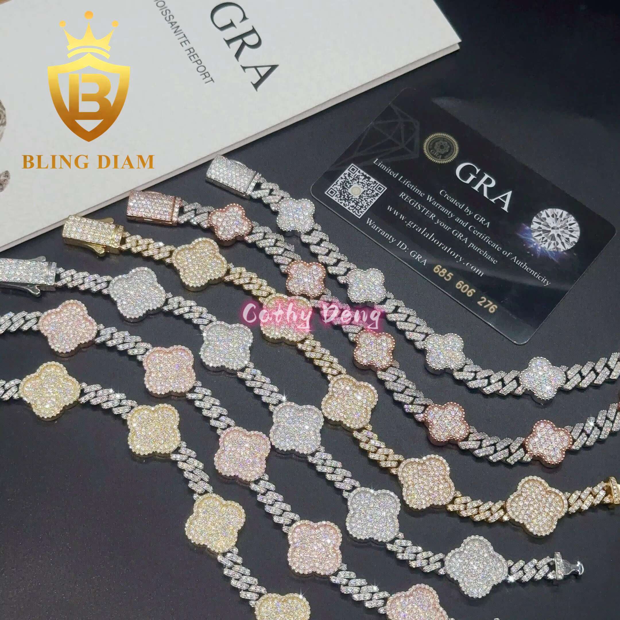 Hip Hop Jewelry Bling Cuban Link Chain VVS 925 Silver Moissanite Cuban Link Chain for Men Women Flower Cuban Bracelet