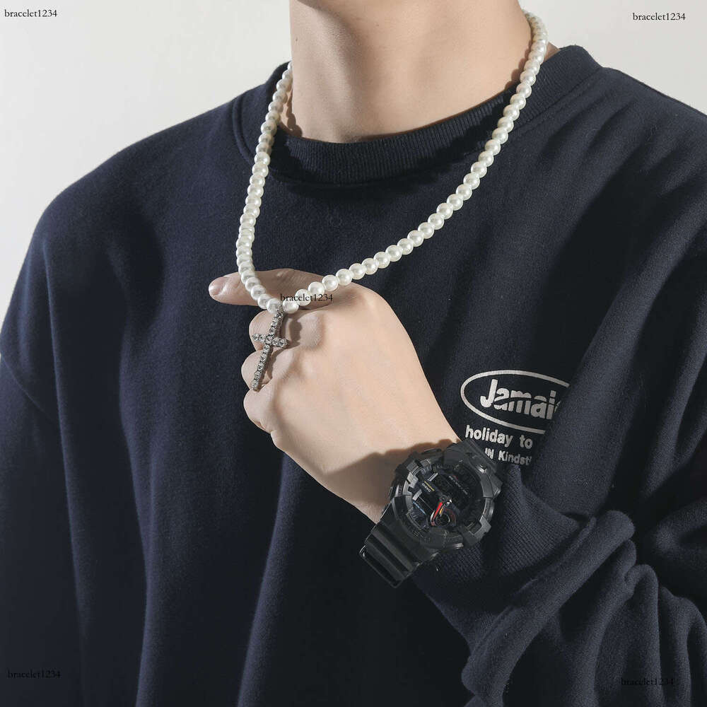 Luxury designer 8/10mm Ice out VVS Moissanite pearl clavicle chain Hip Hop fashion men's and women's cross Necklace pendant Free delivery