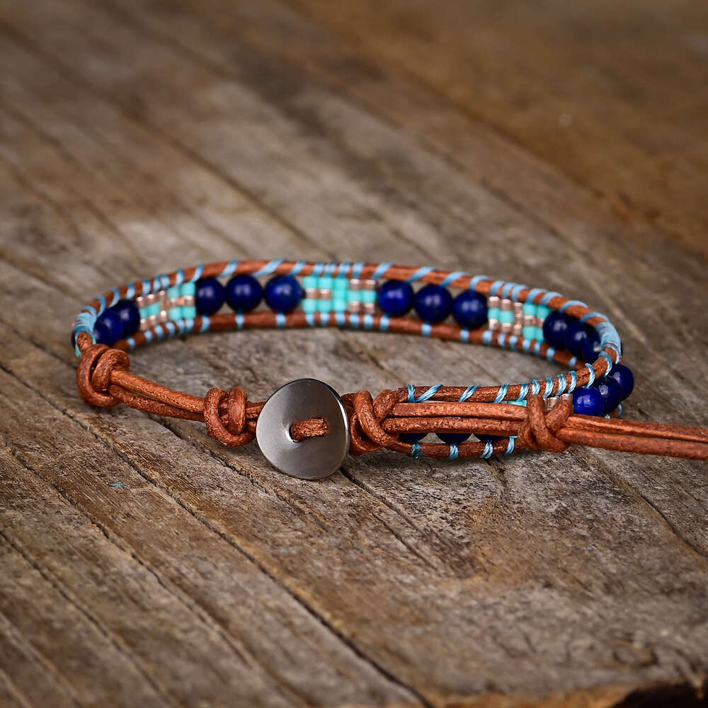 New single-layer minimalist blue gold stone rice bead Bohemian style hand woven bracelet