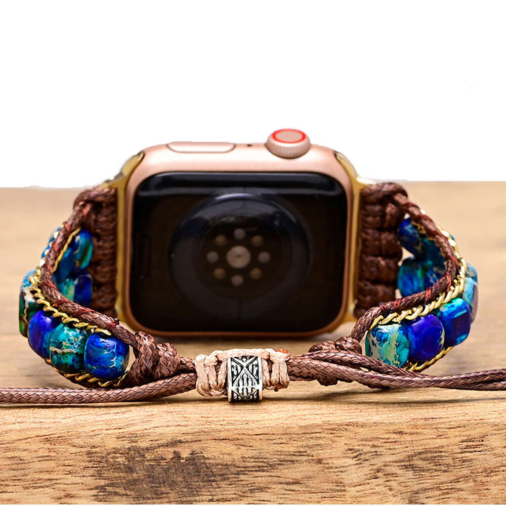 Deep Blue Purple Flower Emperor Stone Beads Handmade Woven with Bohemian Apple Watch Strap
