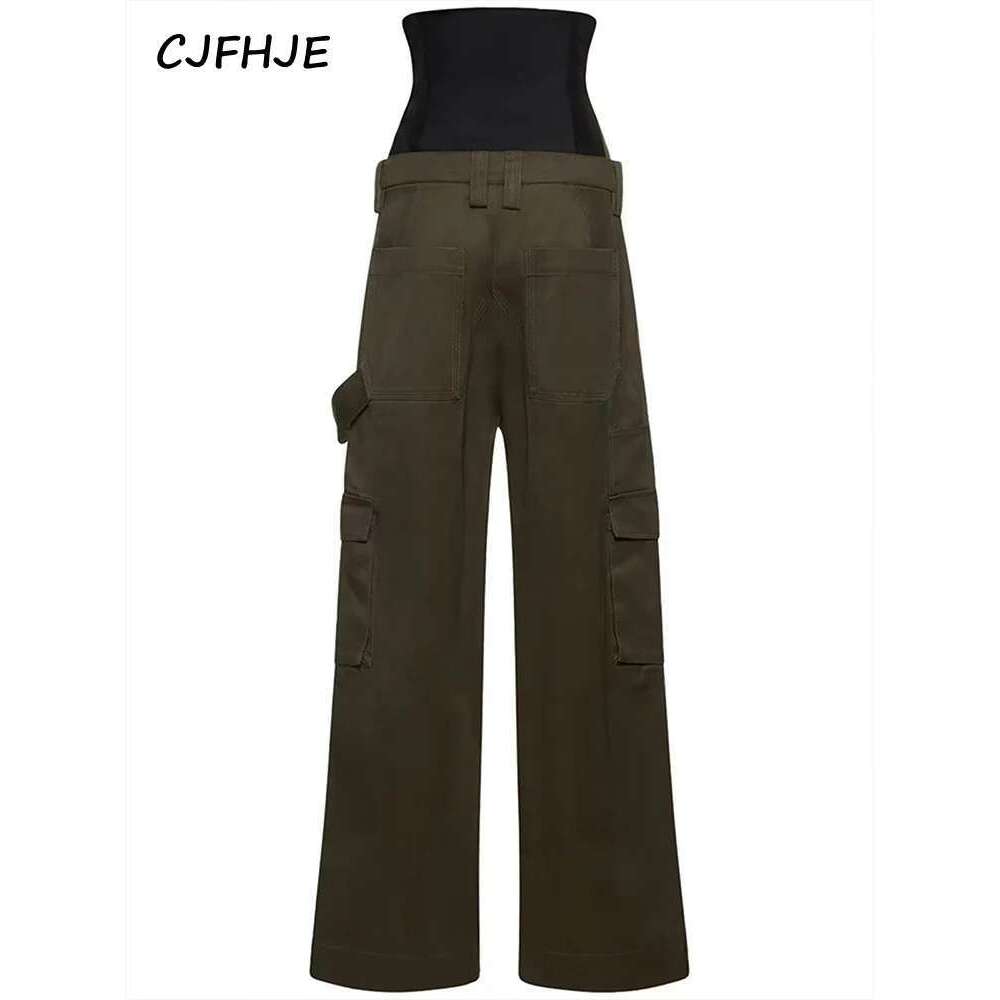 CJFHJE New Women Wide Leg Korean Fashion High Waist Two Piece Detachable Corset Boning Loose Fit Unisex Olive Cargo Pants
