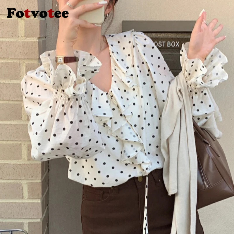 FOTVOTEE Dot Shirts for Women Ruffled V-Neck Long Sleeve Chic Blouses Spring Summer 2025 Fashion Female Comfortable Shirts 250421