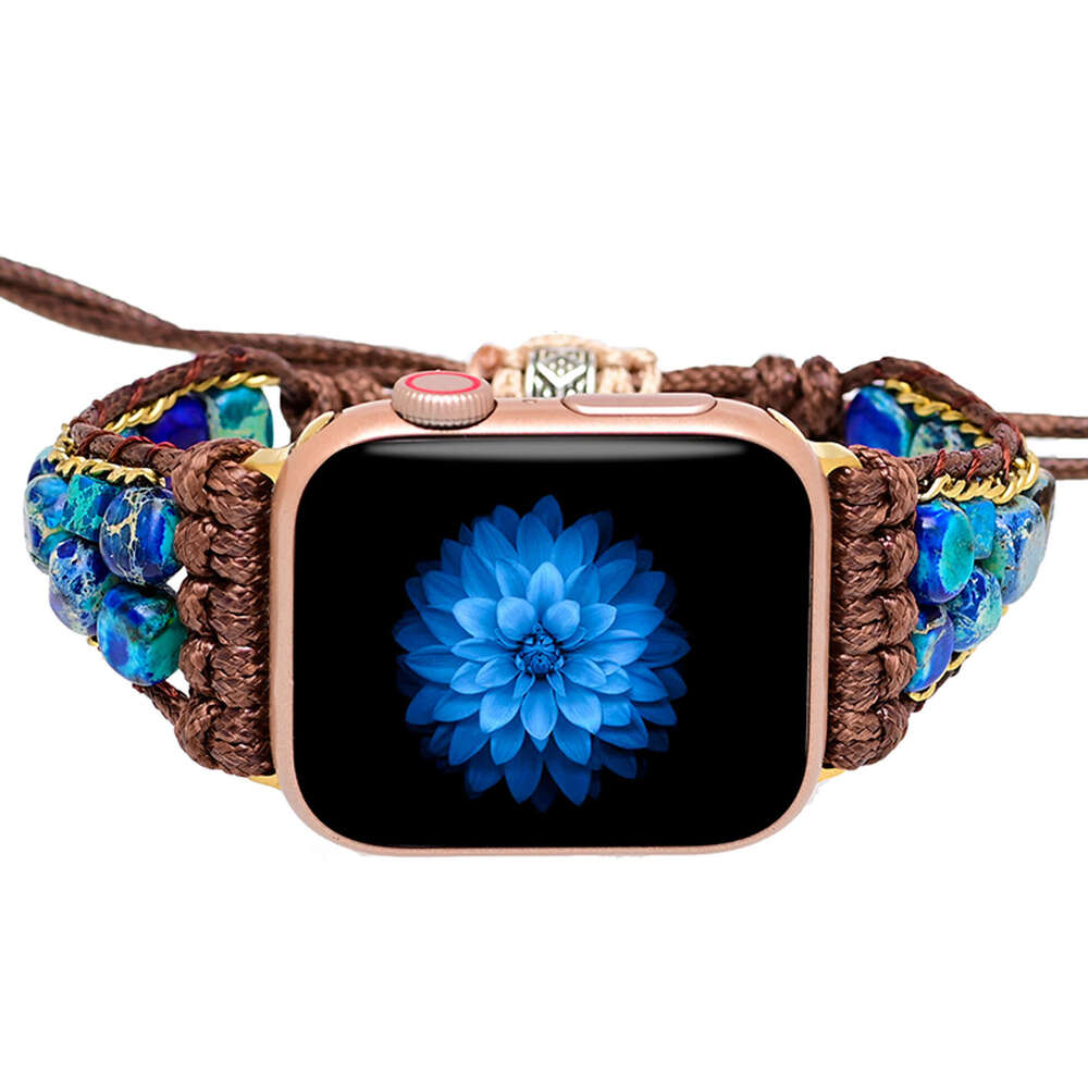 Deep Blue Purple Flower Emperor Stone Beads Handmade Woven with Bohemian Apple Watch Strap