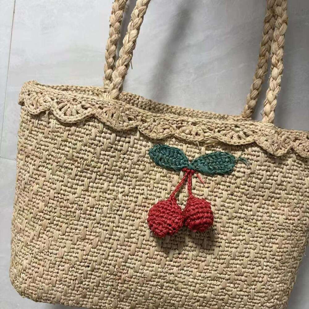 Ins Style Resort Beach Bag Straw Bag For Women In Summer Cute Cherry Lafite Grass Woven Beach Vacation Bag Simple Handbag KQ
