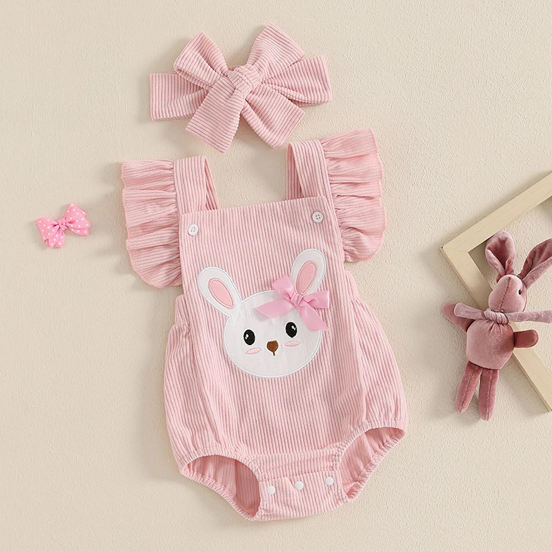 Baby Girls Rompers Easter Clothes Rabbit Embroidery Fly Sleeve Infant Bodysuits Jumpsuits with Headband 250422bj