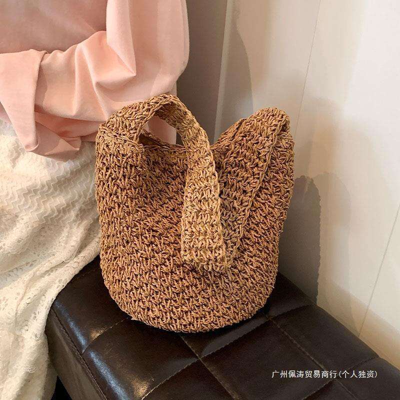 Ins Style Resort Beach Bag French Grass Woven For Women S Summer New Beach Vacation Bag Niche Rattan Single Shoulder Bucket Bag KQ