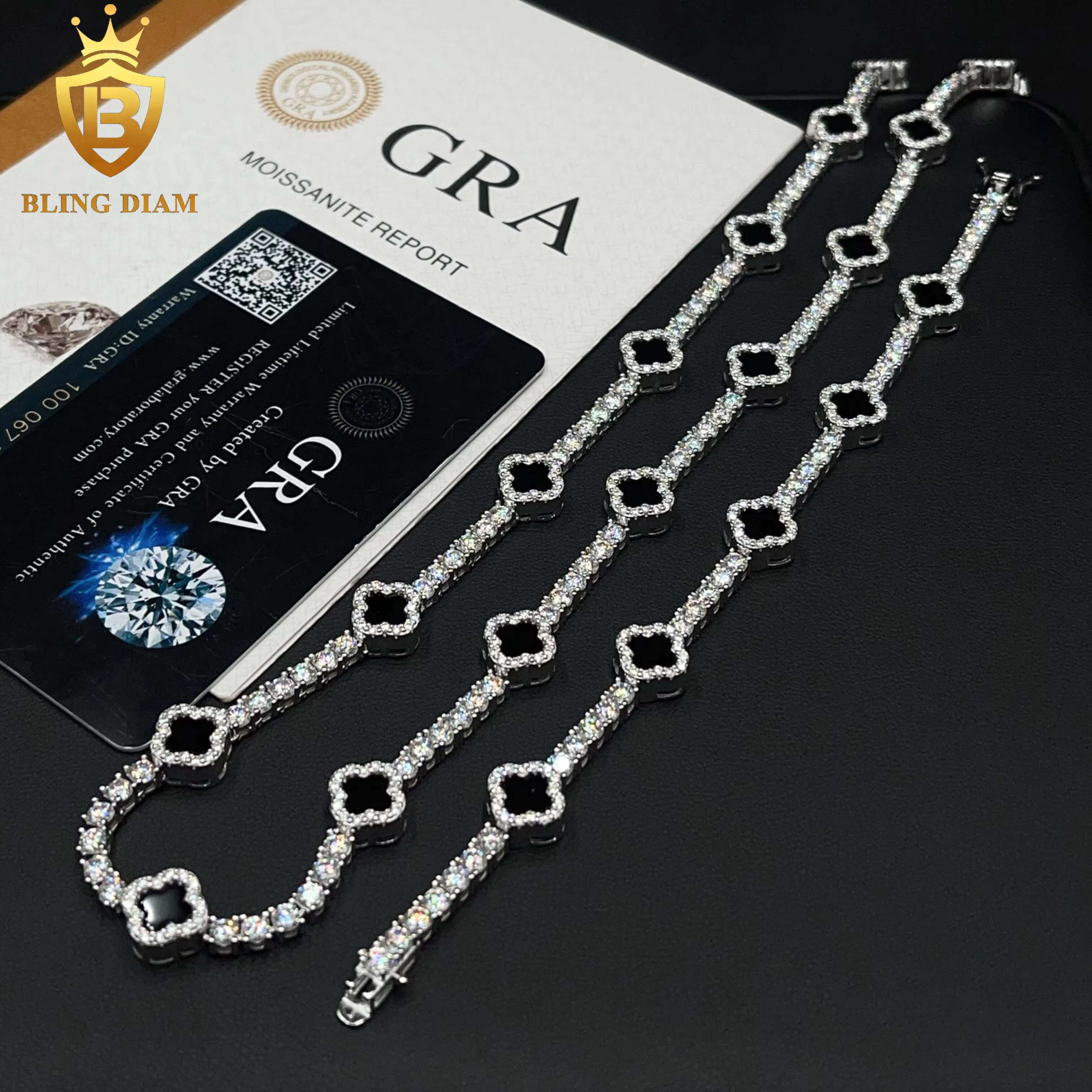 Small Black Clover 3mm New Design 925 Silver VVS Moissanite Pass Diamond Tester Tennis Bracelet Necklace