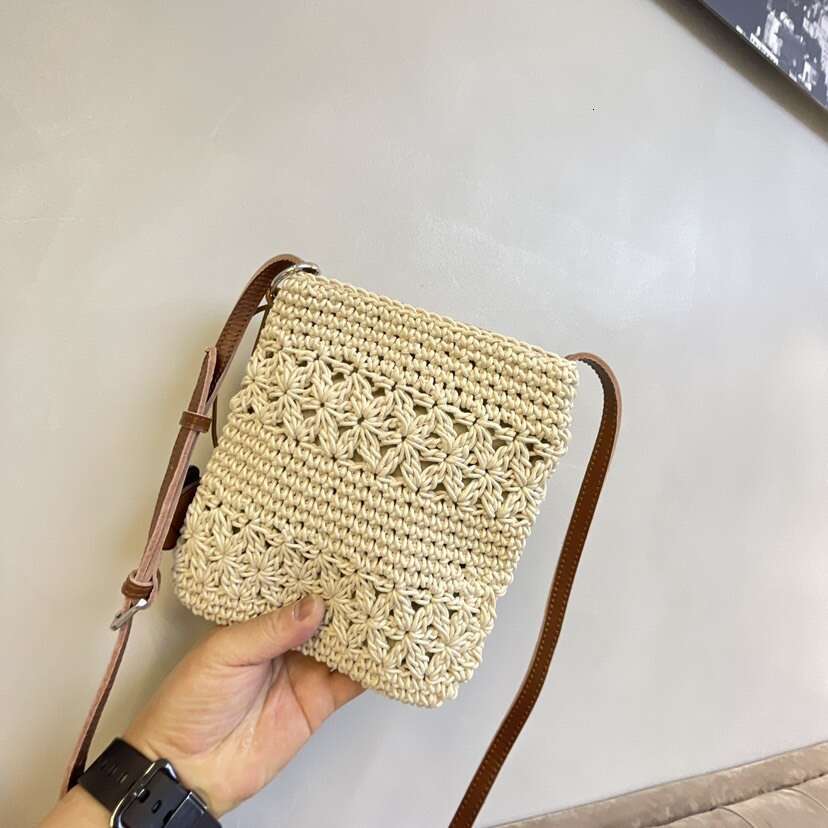 Ins Style Resort Beach Bag New Internet Celebrity Color Contrasting Cowhide Weaving Hollow Cell Phone Bag Seaside Vacation Travel Single Shoulder Cros