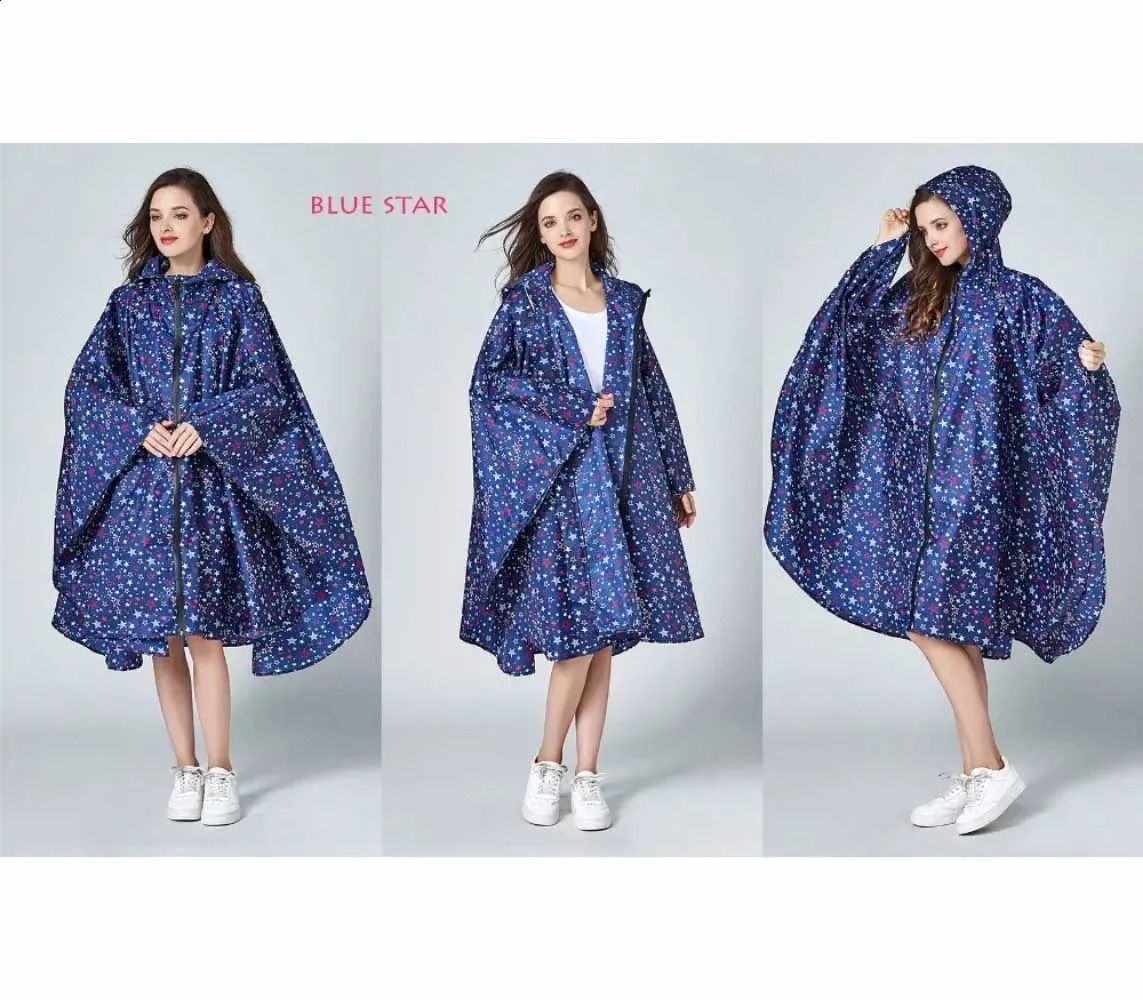 Womens Fashion Waterproof Rainwear Poncho Coloful Raincoat with Hood and Zipper Outdoor Hiking Camping Cloak Rain Coat 250421