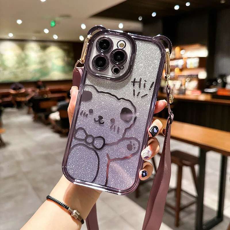 Cute glitter bear for iphone 14 13 12 11Promax new crossbody lanyard iPhone 14/15plus phone case