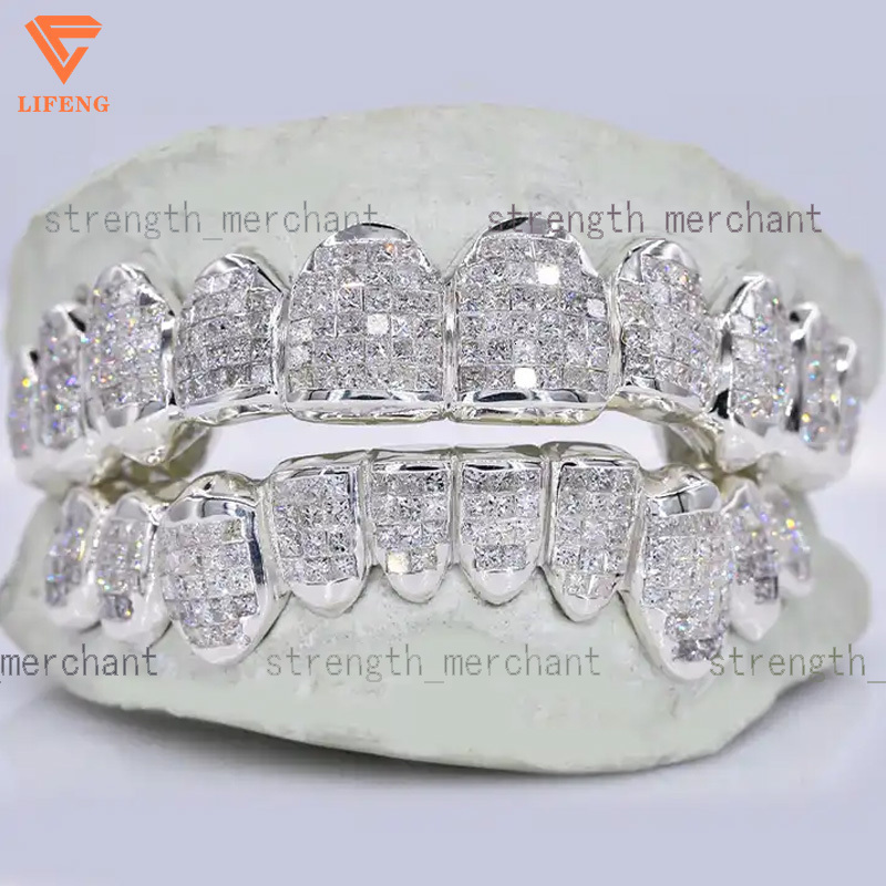 Custom Princess Baguette Cut Invisible Setting Pass Diamond Tester VVS Moissanite White Gold 925 Silver Grillz for Teeth Jewelry