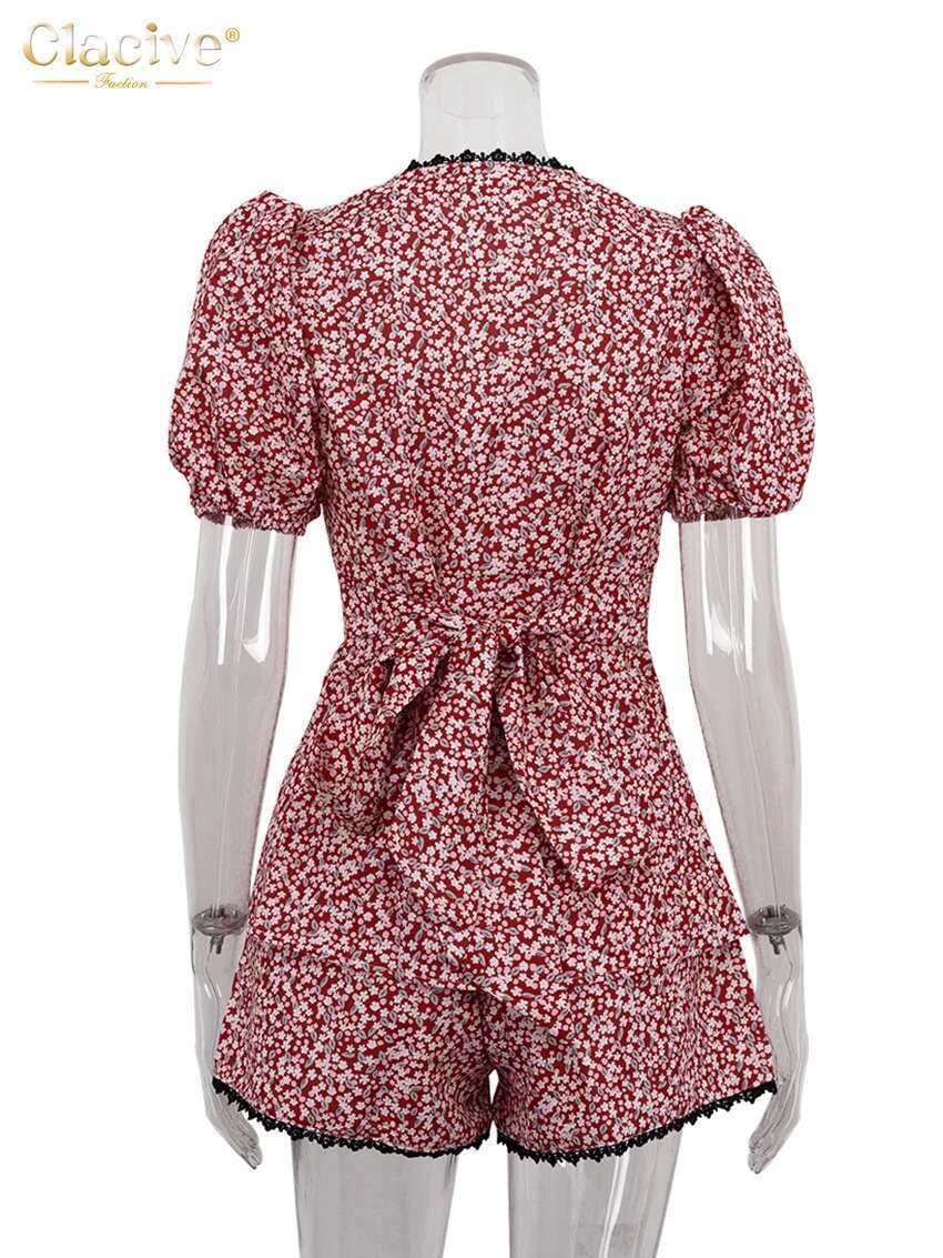 Clacive Sexy Slim Print 2 Piece Sets Women Outfit Summer Short Sleeve Shirt With High Waist Shorts Set Female Streetwear