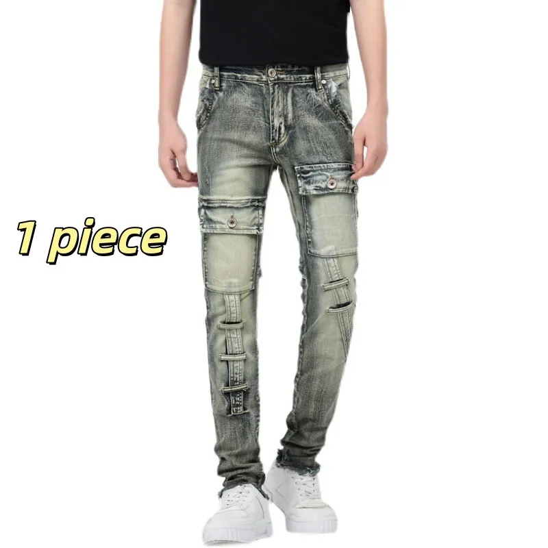 CNLONGBIDA Men's Stacked Jeans Denim Jean Regular Fit Patch Distressed Destroyed Straight Clothes Casual Pants Streetwear Style