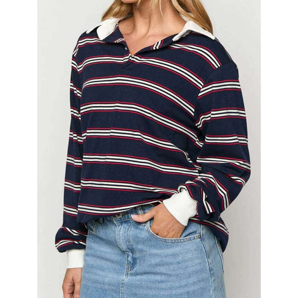 Designer Women's Clothing 2025 Spring New Striped T-Shirt Collar Long Sleeve T-Shirts Casual Fashion Top Shirt Designer's Bag
