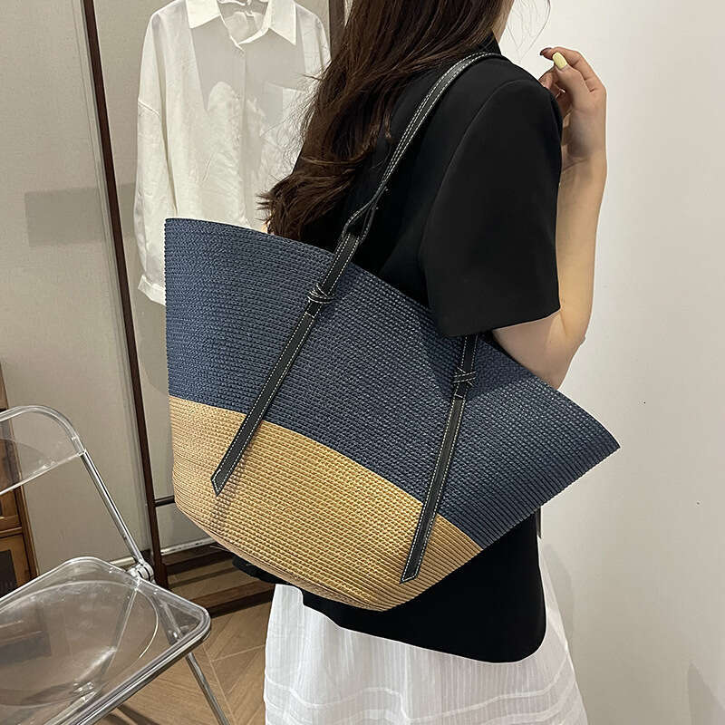 Ins Style Resort Beach Bag Summer Popular Color Blocking Large Capacity For Women New Beach Vacation Grass Woven Bag Single Shoulder Tote Bag KQ