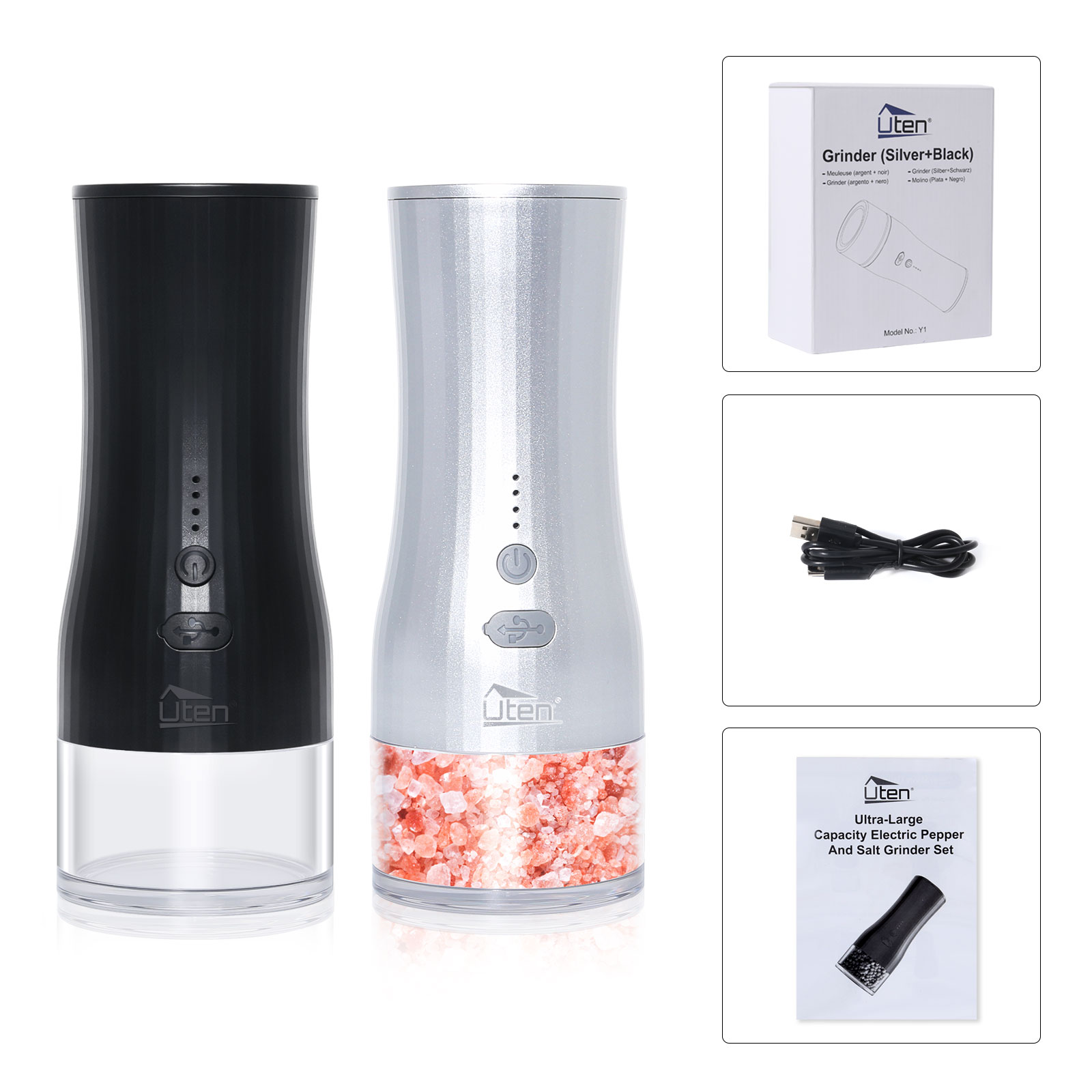 Salt & Pepper Grinder Set (Silver & Black) - Adjustable Ceramic Spice Mill with Humidity-Proof Tech