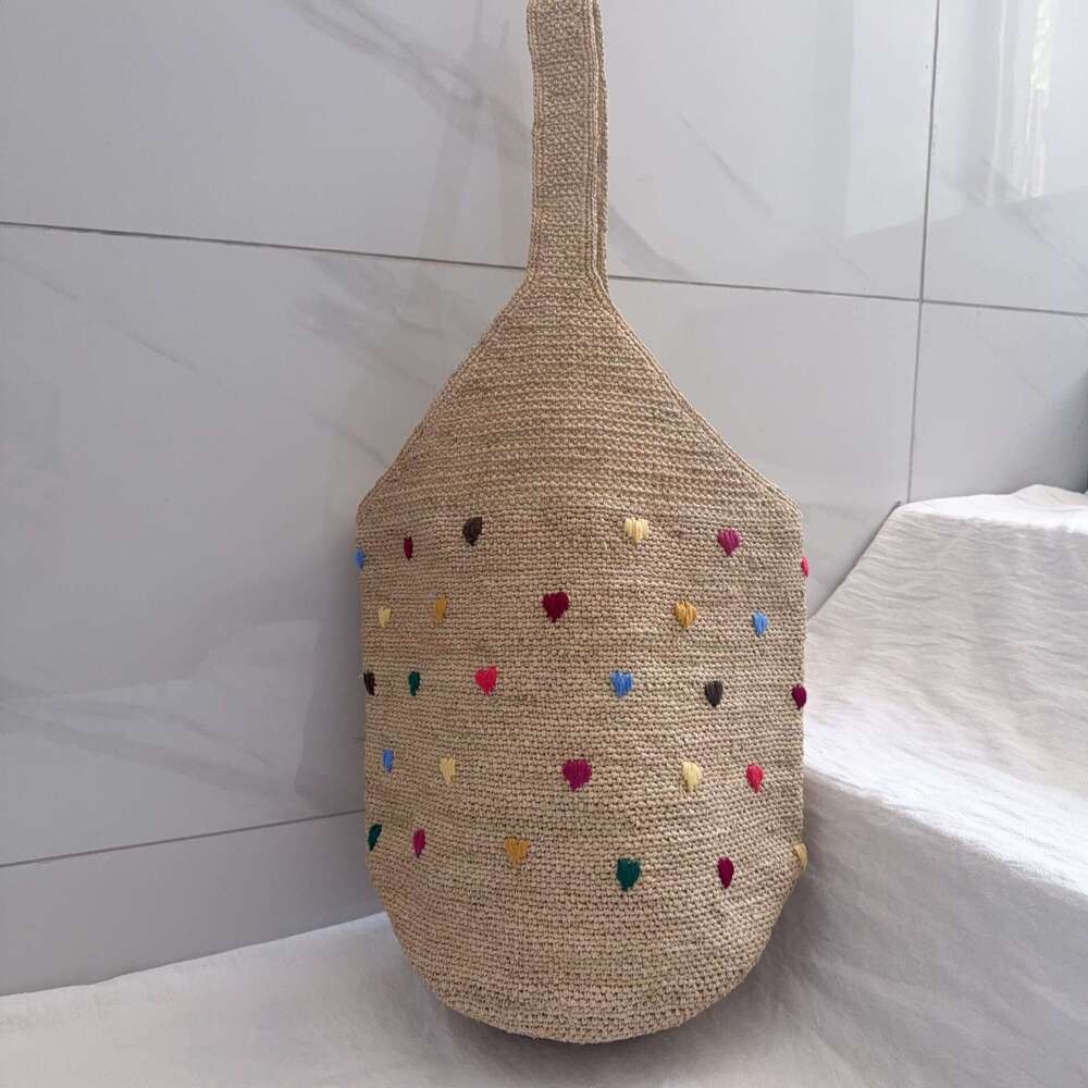 Ins Style Resort Beach Bag Handmade Hook Lafite Grass Bucket Women S Summer Shoulder Bag Heart Embroidery Fashionable And Versatile Beach Vacation Sty