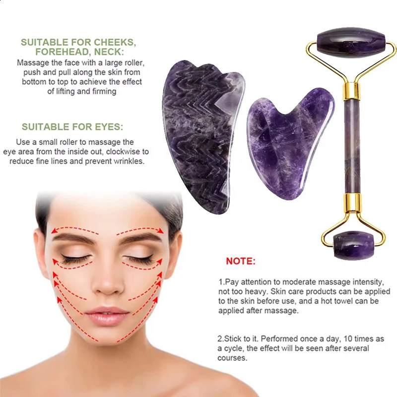 Cold Amethyst Eye Mask Natural Jade Roller Gua Sha Massager Gouache Scraper Set Eye Mask Face Skin Care Massage Tools 250418