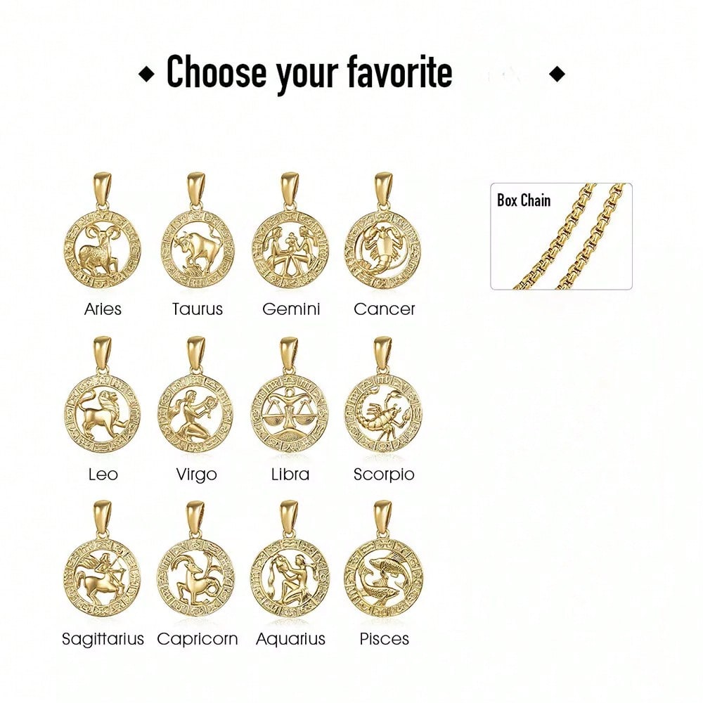 14K Gold Plated 12 Sign Constellation Necklace for Women Men Zodiac Pendant with 2mm Box Chain