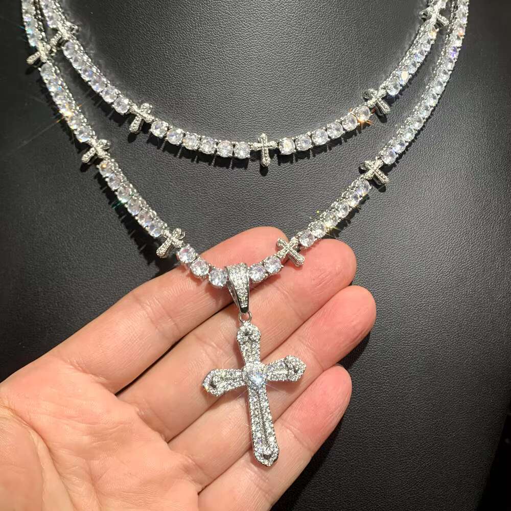 Hip Hop Full Diamond Cross Pendant With Tennis Chain Iced Out Cross Tennis Necklace for Men Rapper Jewelry Wholesale