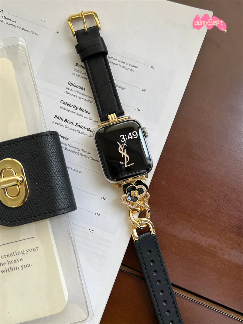 Elegant Leather Apple Watch Band with Camellia Flower Design - Fashionable Straps for iWatch Series ddmysept