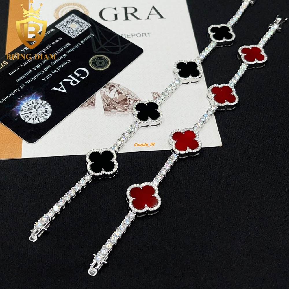 Hot Selling Four Clover Moissanite Tennis Bracelet 925 Sterling Silver Agate 3mm Moissanite Bracelet Pass Diamond test