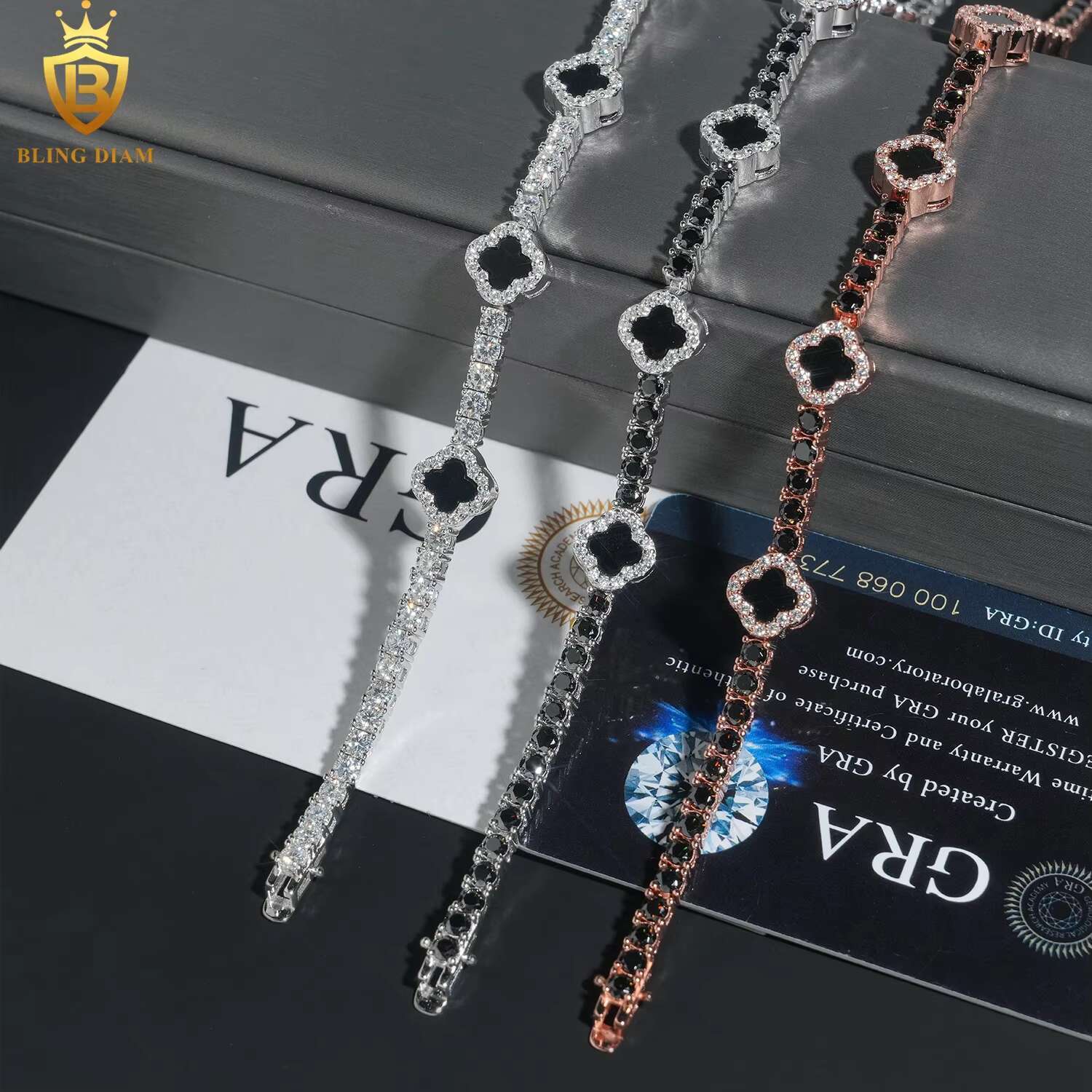 3mm New Design 925 Sterling Silver Vvs Black Moissanite Clover Tennis Chain Bracelets Gra Certificate