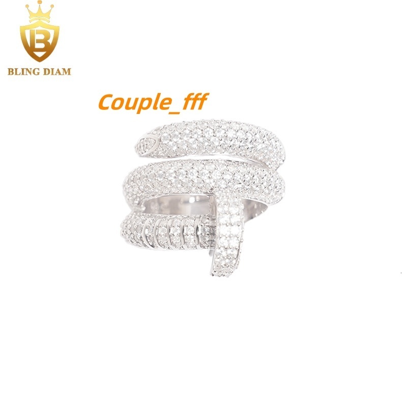 Blingdaim Jewelry Ring 925 Silver VVS Moissanite Fully Diamond Ice Out Hip Hop Mens Bent Nail Rings