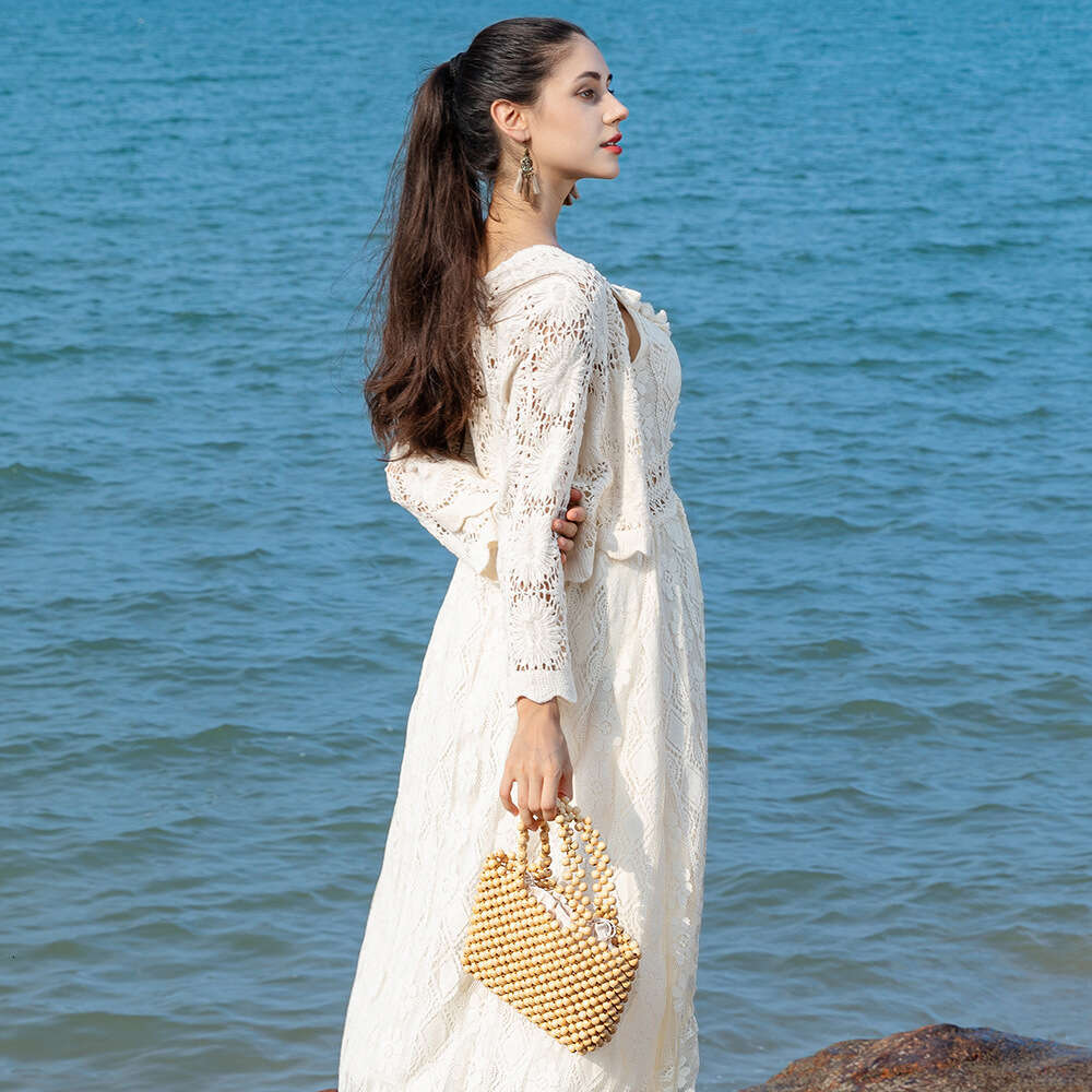 Ins Style Resort Beach Bag OLEI Handmade Woven Women Vacation Handbag Leisure Travel Beach Wooden Bead Bag For Women KQ