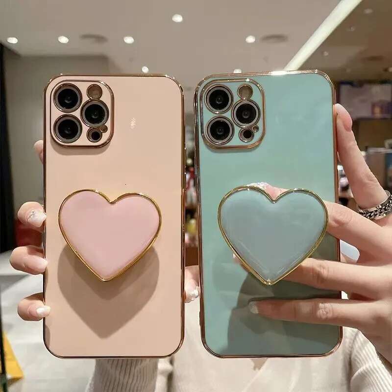 3D Love Bracket Plating Case For IPhone15 14 13 12 Fashion Solid Color Shock-Proof Anti-Fall Mobile Phone Cases