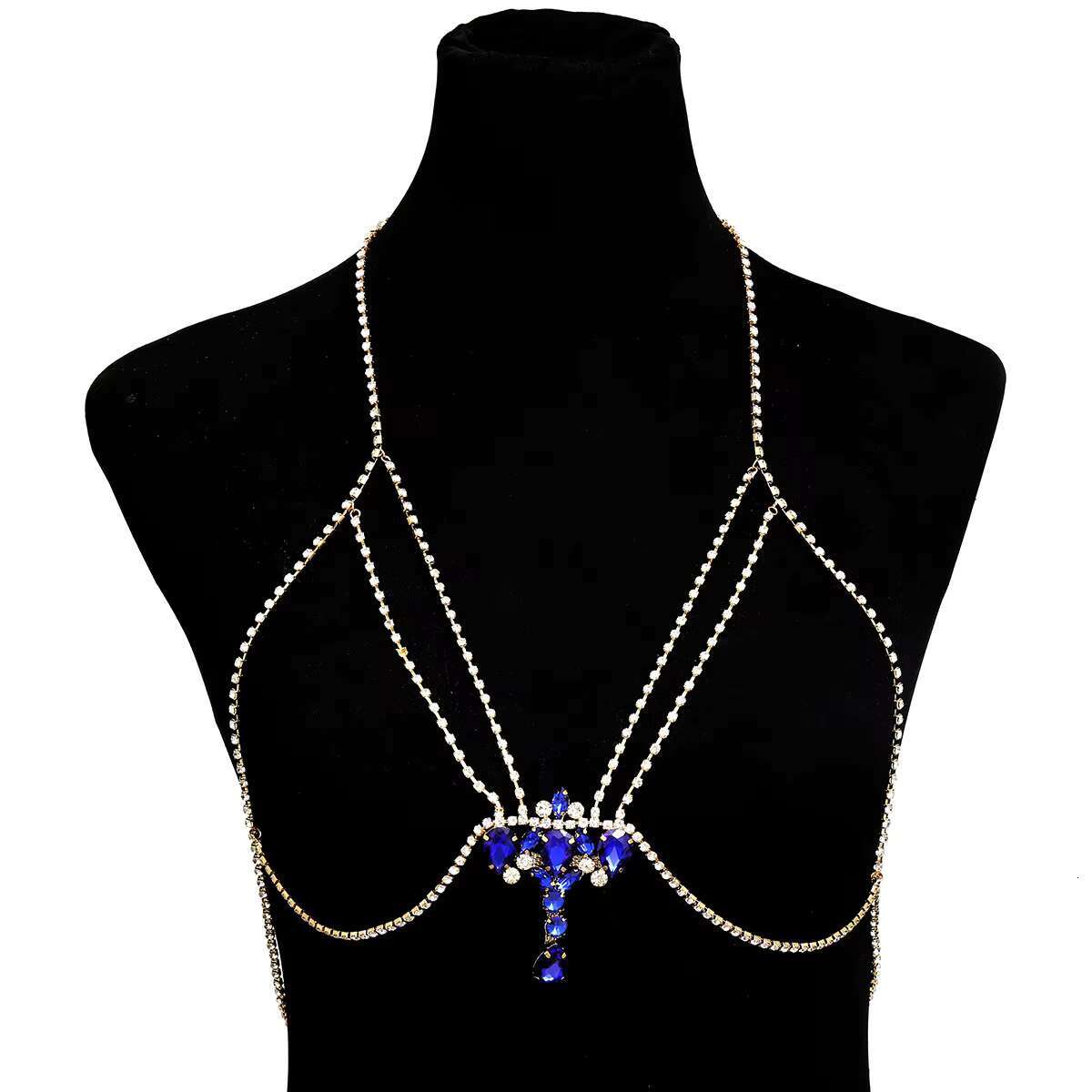 Suxuan Exaggerated Blue Gemstone Chest Chain Women Beach Body Jewelry Sexy Double Crystal Bra Chain