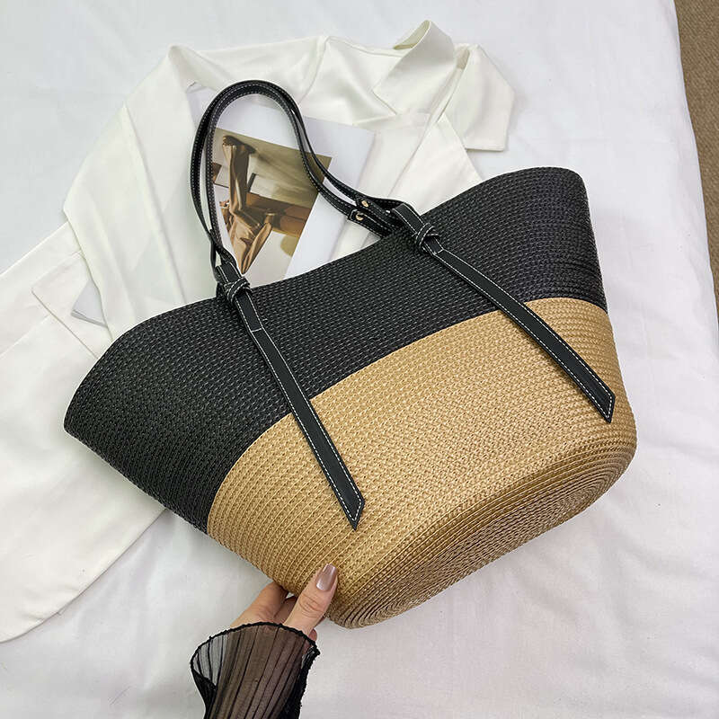 Ins Style Resort Beach Bag Summer Popular Color Blocking Large Capacity For Women New Beach Vacation Grass Woven Bag Single Shoulder Tote Bag KQ