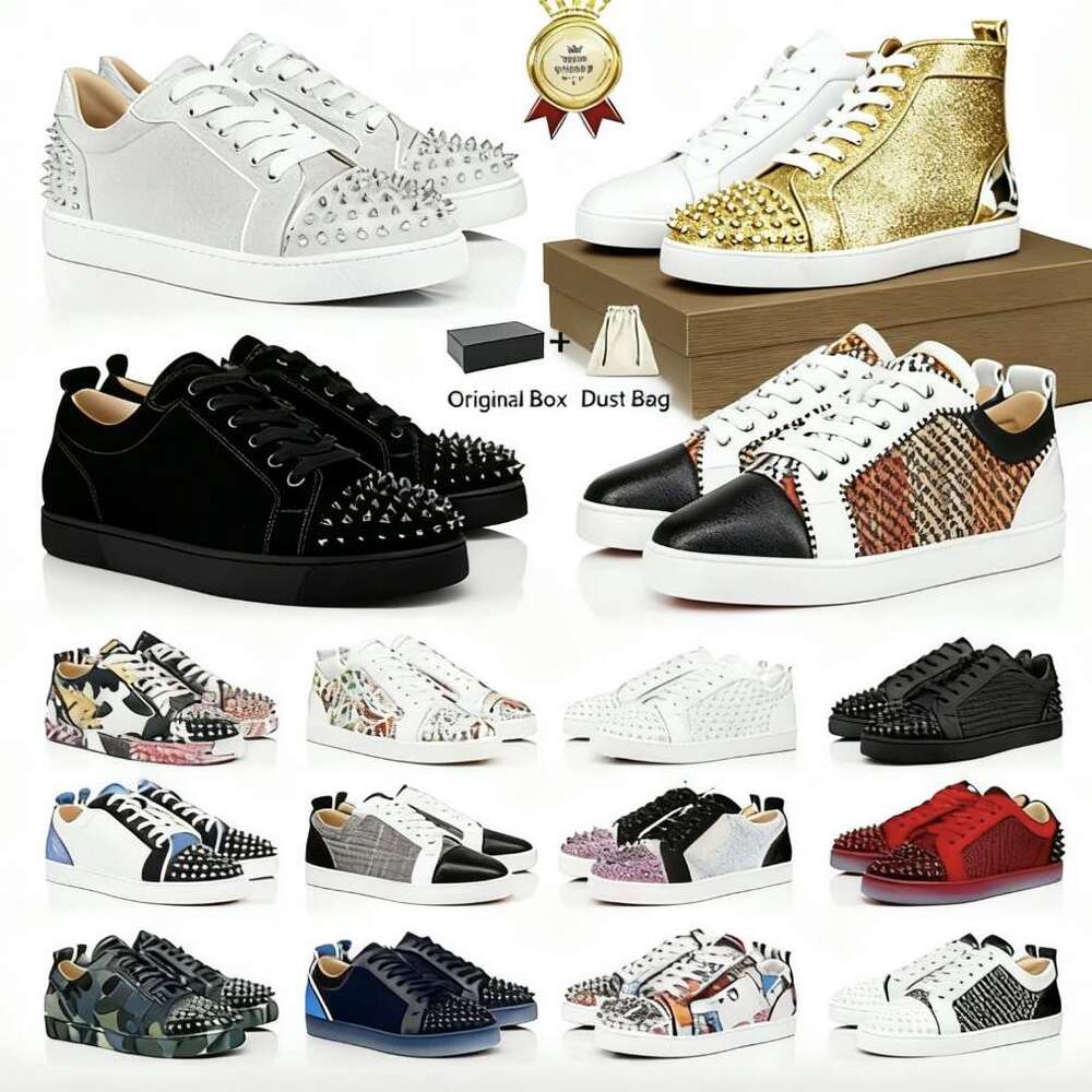 Designer Luxury Low Dress Shoes Men Casual Glitter Grey Rivets Leather Suede Green Men Women Fashion Spikes Office Career Wedding Trainers Sneakers