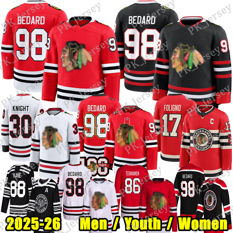 #98 ConnorS Bedard chicago hockey jersey blackhawksS jersey #55 Artyom Levshunov Frank Nazar Spencer Knight Teuvo Teravainen Anton Frondell Jason Dickinson jerseys