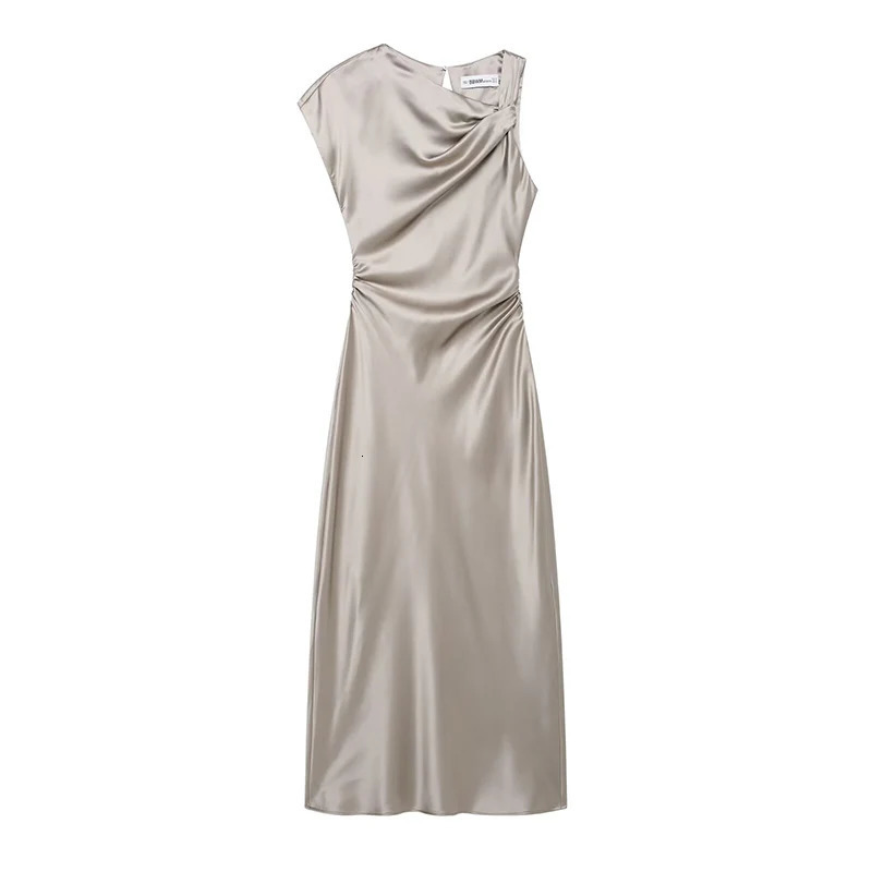 RAFZNB womens pleated long dress fashionable asymmetrical collar sleeveless elegant party y250417