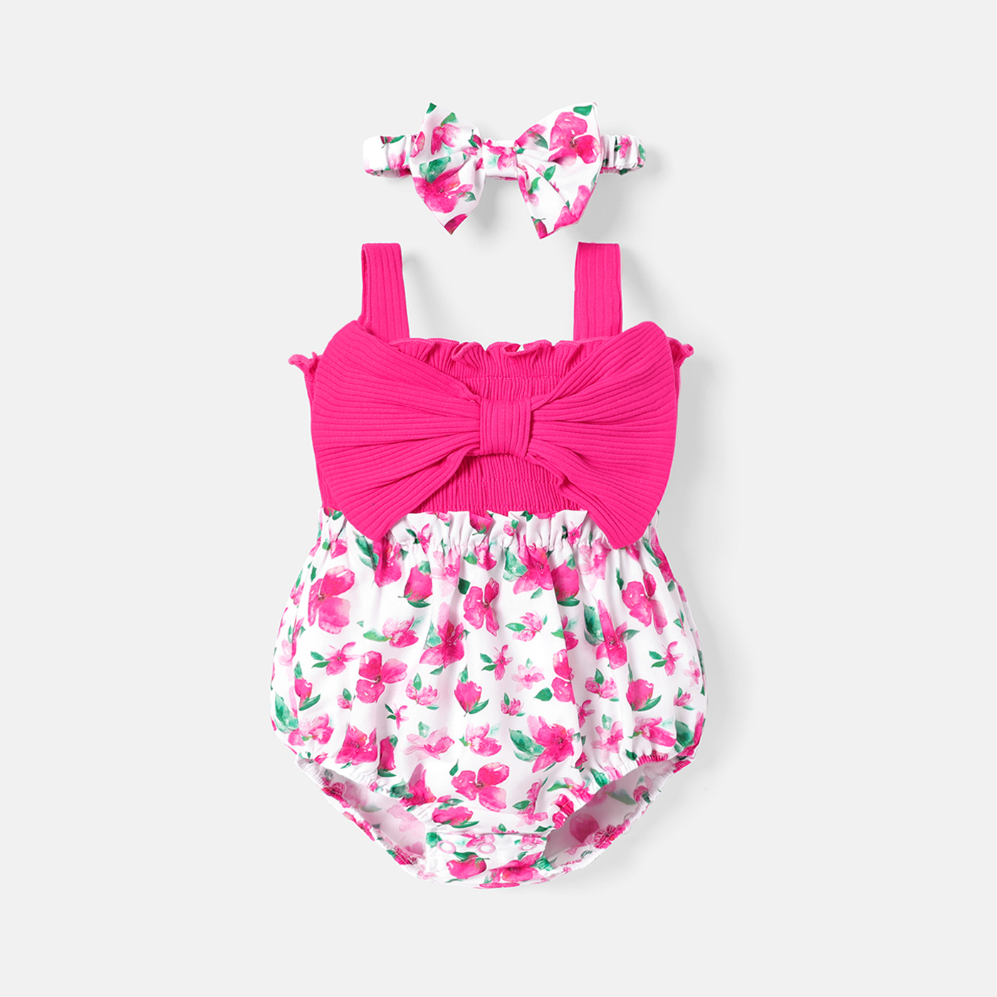PatPat 2pcs Baby Girl Solid & Floral-print Spliced Bow Front Sleeveless Romper with Headband Set
