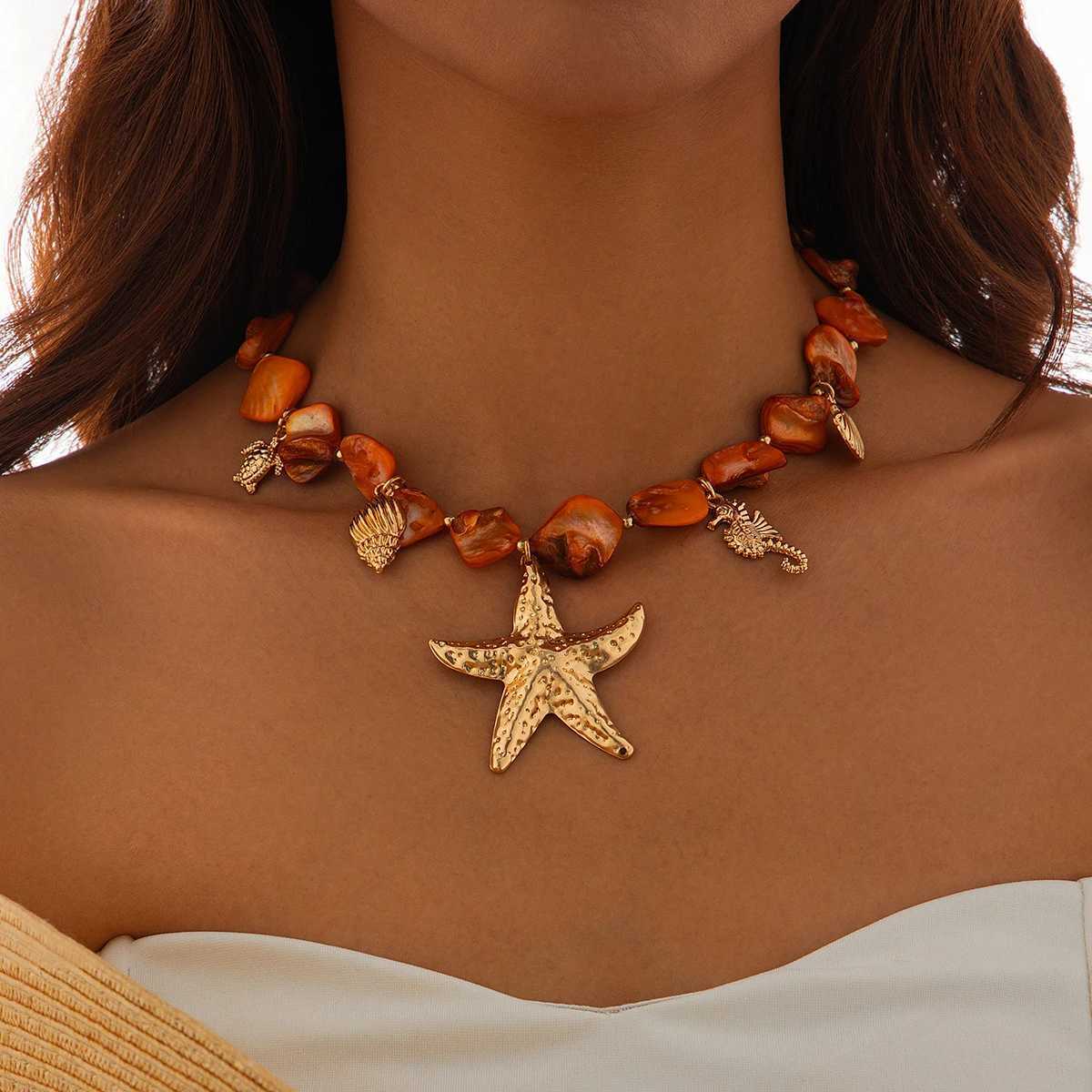 Ingemark Bohemian irregular chain necklace suitable for womens summer beach vacations starfish conch pendant necklace Y2K jewelryXJ250422