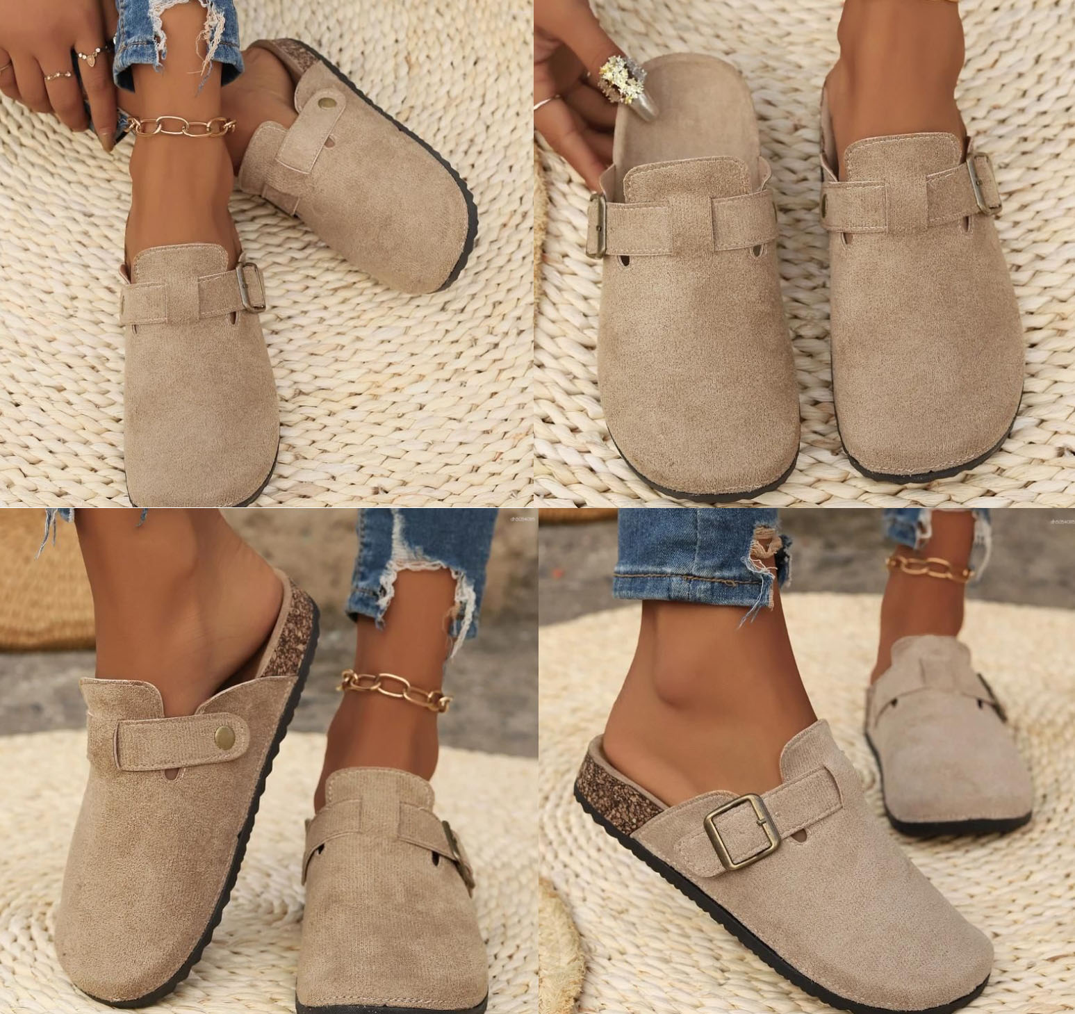 Slippers Women's Solid Color Flat Mules, Round Suede Clog Sandal,Casual Closed Toe Slip On Shoes, Comfortable Buckle Strap Design Shoes Fall Vint