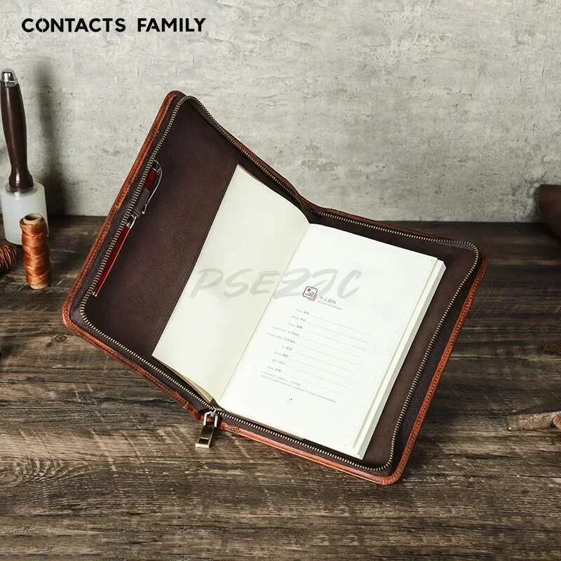 Retro Dark Brown A5 Leather Diary With Pen Slot Wrist Zipper Business Office Notebook Book Cover