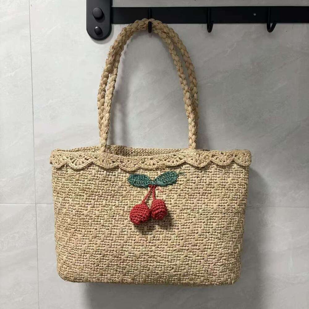 Ins Style Resort Beach Bag Straw Bag For Women In Summer Cute Cherry Lafite Grass Woven Beach Vacation Bag Simple Handbag KQ