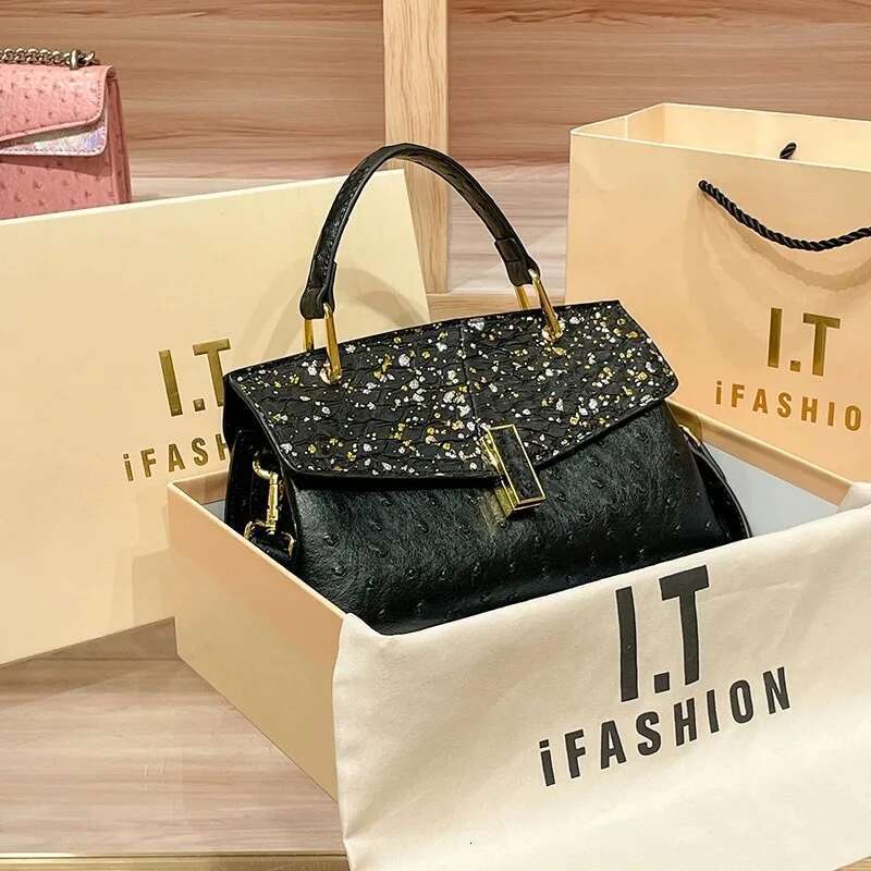 Niche Ostrich Pattern Handheld Tote New Lock Fashion Cross Border Single Shoulder Crossbody Women's Bag