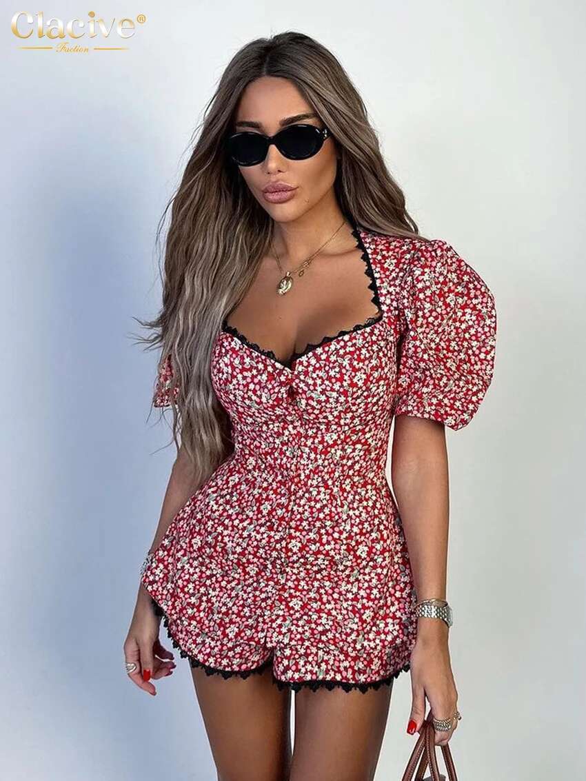 Clacive Sexy Slim Print 2 Piece Sets Women Outfit Summer Short Sleeve Shirt With High Waist Shorts Set Female Streetwear