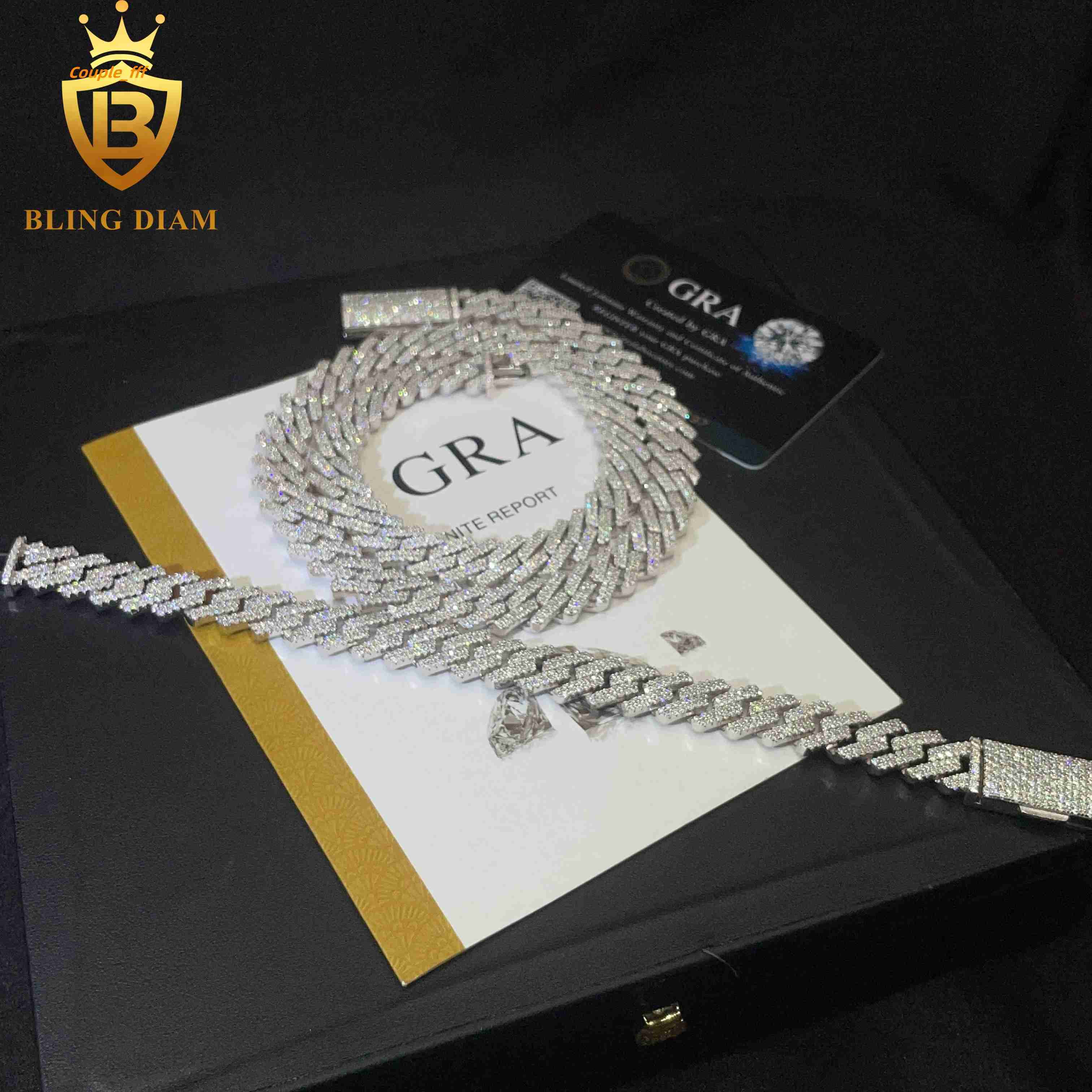 Hot Selling Pass Diamond Tester 925 Solid Silver 12mm Two Rows Iced Out Hip Hop VVS1 Moissanite Cuban Link Chain
