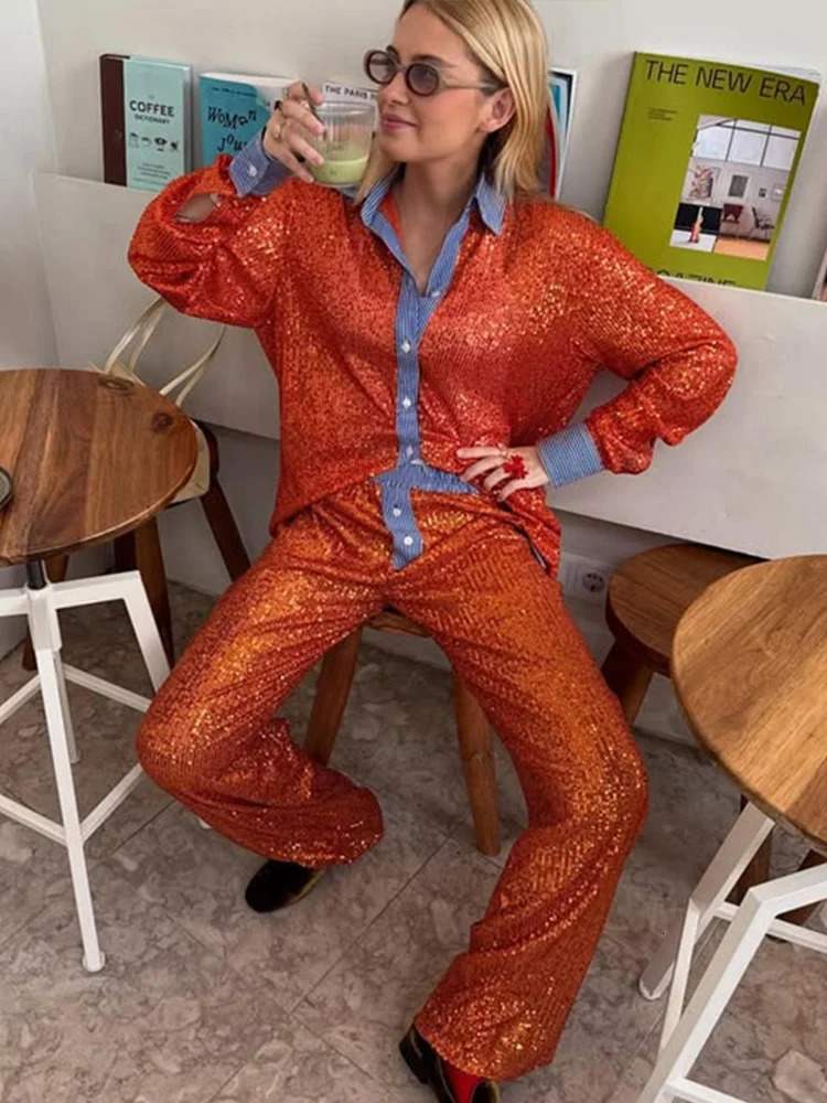 Sequin patch work shirt for women loose collared long sleeved shirt with pockets sparkling straight pants for women casual chic long pants set 250420
