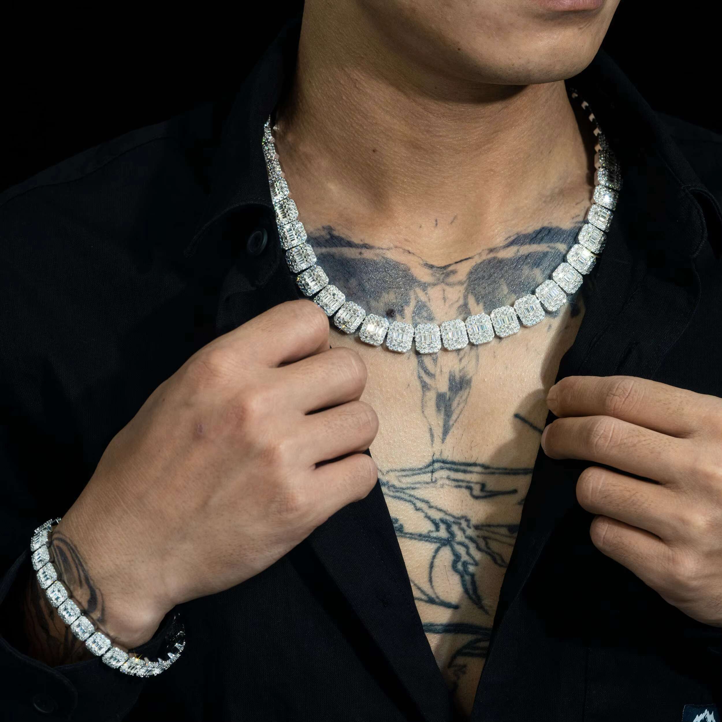 Pass Tester Custom Cuban Chain 925 Silver VVS Baguette Moissanite Hiphop Rapper Jewelry Iced Out Cuban Link Necklace