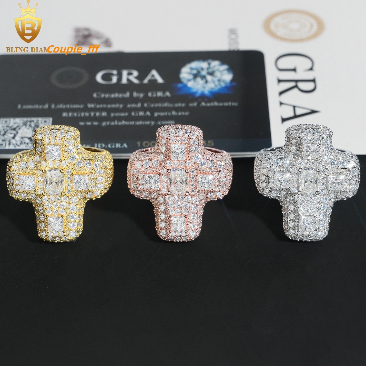 Hip Hop Jewelry 925 Sterling Silver Gold Plated Men Cross Ring Vvs Moissanite Iced Out Gra Certificate Pass Diamond Tester