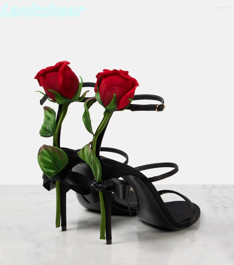 Sandals Black Satin Red Rose Women Round Open Toe Ankle Strap Buckle Thin High Heels Sexy Stilettos Summer Dress Shoes