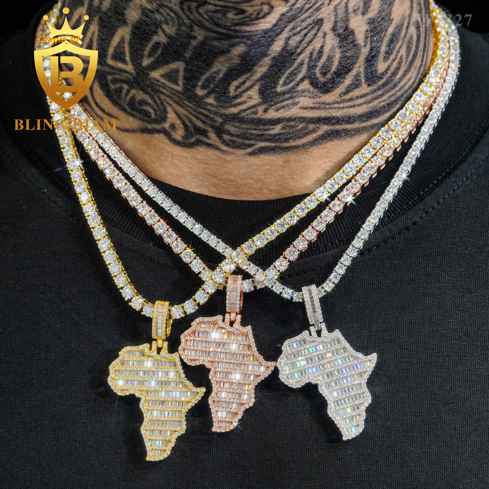 Blingdiam Jewelry Rapper Fashion Moissanite Custom Pendant Iced Out Africa Map Hip Hop Pendant 925 Silver Charm Pendant